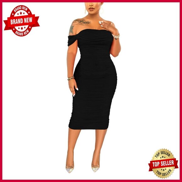 Dresses & Skirts - Off Shoulder Bodycon Ruched Midi Dress Elegant Cocktail Evening Party Wear